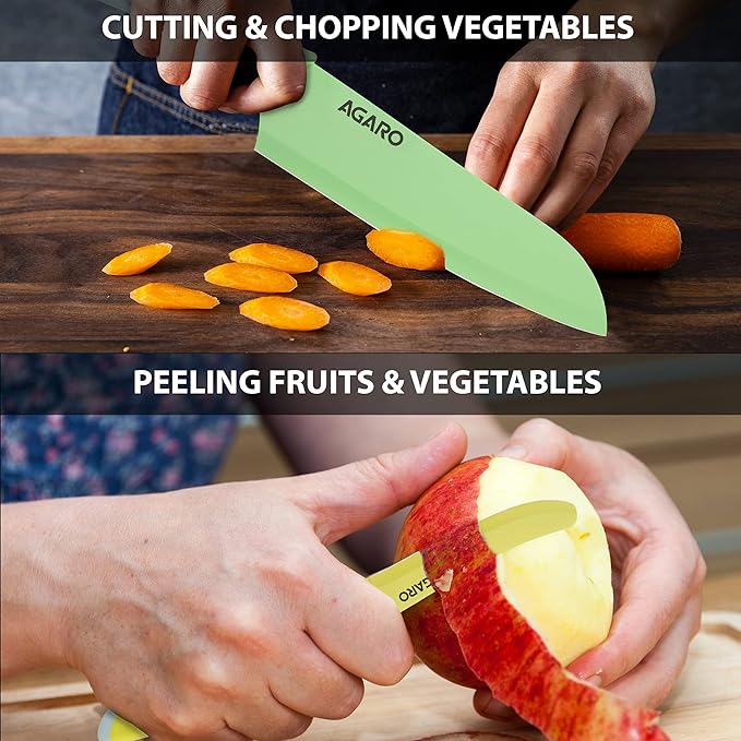 AGARO Royal 6 Pcs Coloured Kitchen Knife Set with Covers, High Carbon Stainless Steel Professional Chef Knife I Bread Knife I Santoku Knife I Utility Knife I Butter Knife I Slicing Knife Set for Kitchen (Multi Colour).