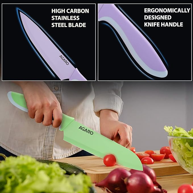 AGARO Royal 6 Pcs Coloured Kitchen Knife Set with Covers, High Carbon Stainless Steel Professional Chef Knife I Bread Knife I Santoku Knife I Utility Knife I Butter Knife I Slicing Knife Set for Kitchen (Multi Colour).