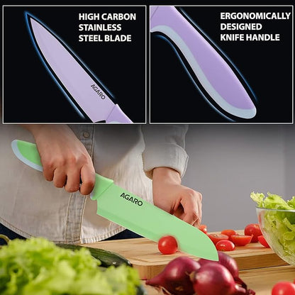 AGARO Royal 6 Pcs Coloured Kitchen Knife Set with Covers, High Carbon Stainless Steel Professional Chef Knife I Bread Knife I Santoku Knife I Utility Knife I Butter Knife I Slicing Knife Set for Kitchen (Multi Colour).