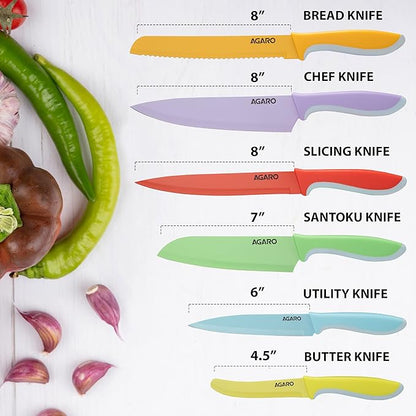 AGARO Royal 6 Pcs Coloured Kitchen Knife Set with Covers, High Carbon Stainless Steel Professional Chef Knife I Bread Knife I Santoku Knife I Utility Knife I Butter Knife I Slicing Knife Set for Kitchen (Multi Colour).