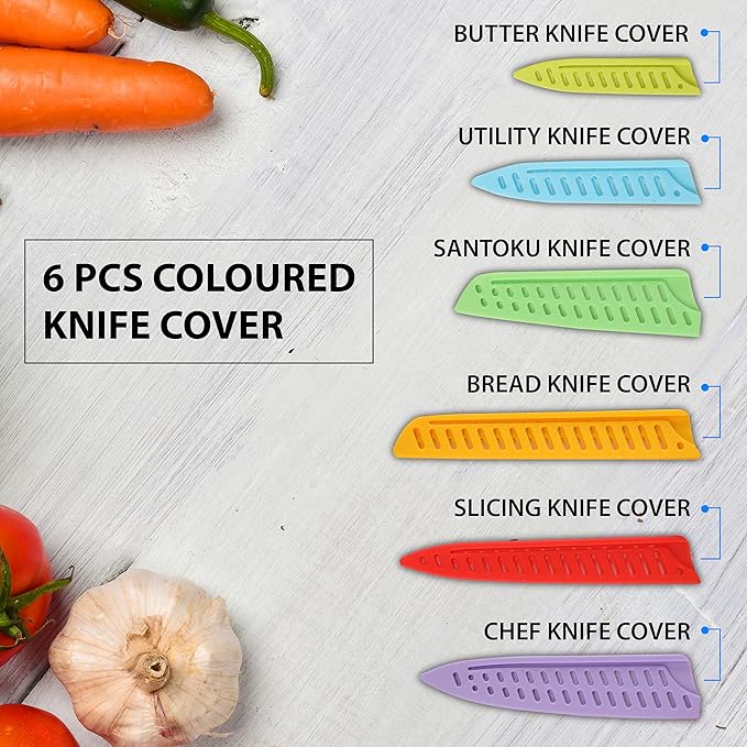 AGARO Royal 6 Pcs Coloured Kitchen Knife Set with Covers, High Carbon Stainless Steel Professional Chef Knife I Bread Knife I Santoku Knife I Utility Knife I Butter Knife I Slicing Knife Set for Kitchen (Multi Colour).